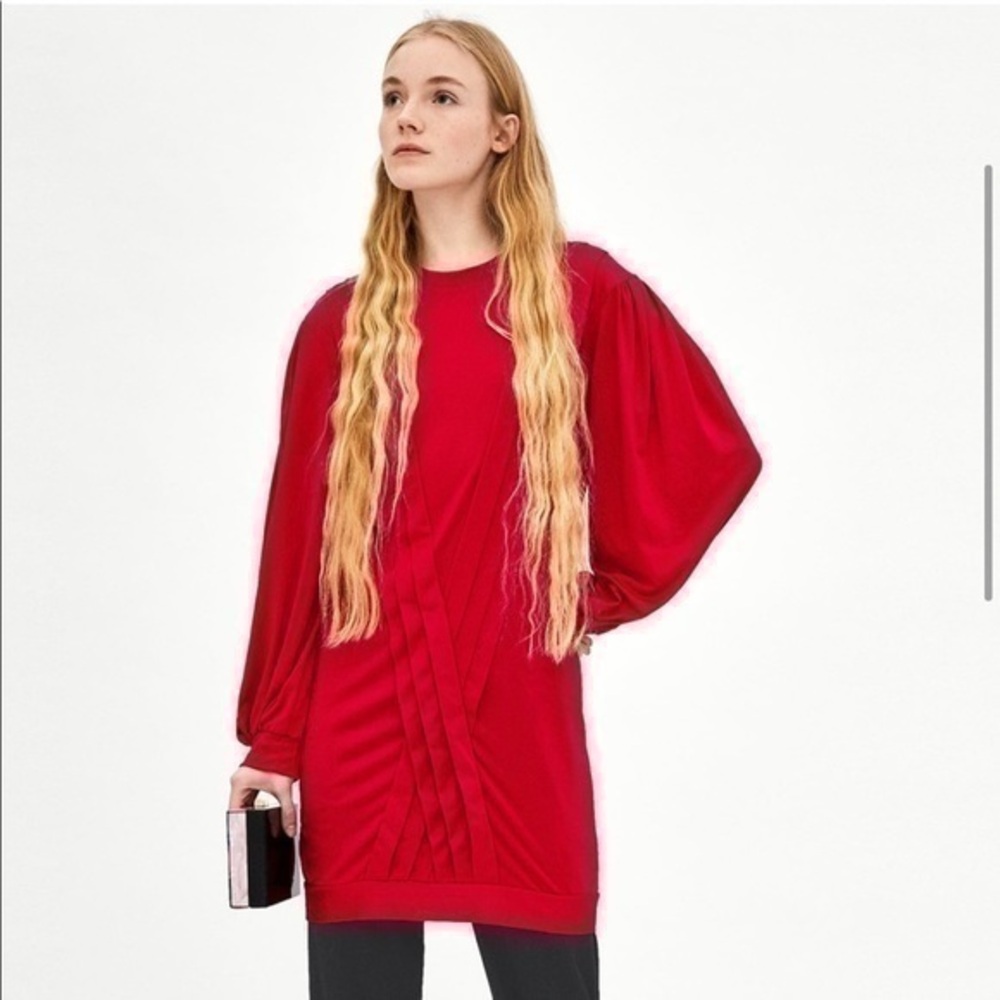 Zara Red Long Sleeve Pleated Tunic Dress